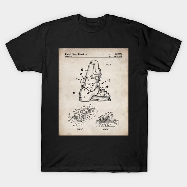 Ski Boots Patent - Skier Ski Lodge Chalet Art - Antique T-Shirt by patentpress